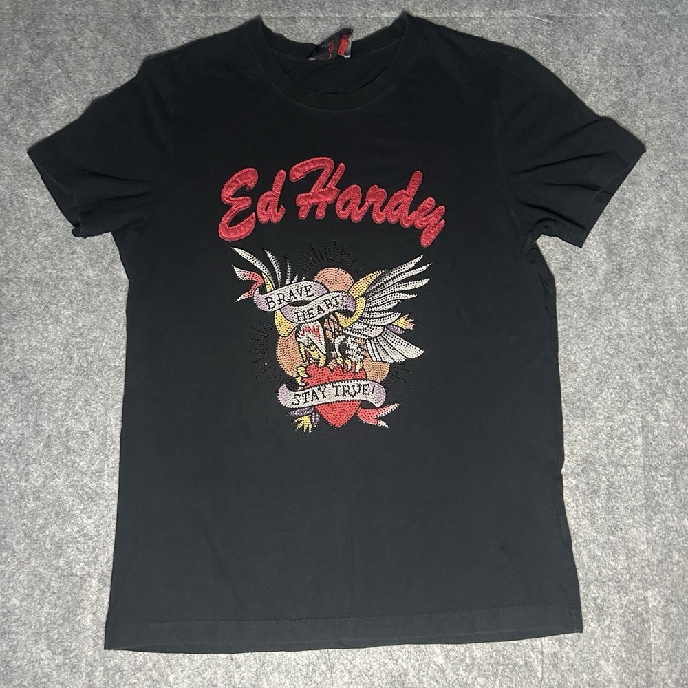 Ed Hardy Men's Medium Y2k Brave Hearts Stay True Rhinestone Black T Shirt